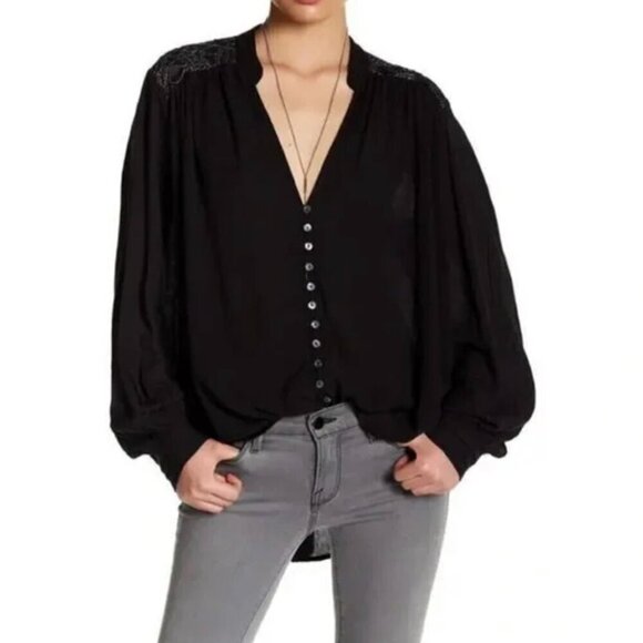 Free People Womens Black Canyon Rose Hi-Lo Lace Mesh Button Top Sz M Boho - Picture 1 of 16